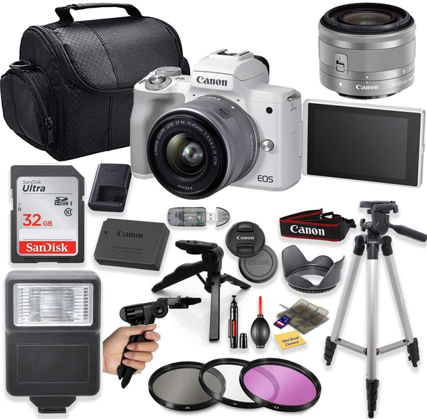 Canon EOS M50 Mark II Mirrorless Digital Camera (White) with 15-45Mm STM Lens + Deluxe Accessory Bundle Including Sandisk 32GB Card, Flash, Grip Mult
