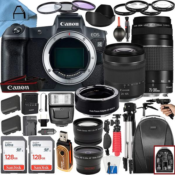 A-CELL Canon EOS R Digital Mirrorless Camera 30.3MP with EF 75-300Mm + RF 24-105Mm Dual Lens + Mount Adapter + A-Cell Accessory Bundle + 2 Pack Sandi